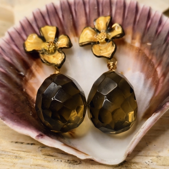 Handpainted Brown Flowers & Smoky Quartz In Chunky Artisan Gold Plated Earrings - Picture 2 of 9